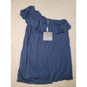 RXB One Shoulder Ruffle Top Women M Navy Blue Knit Rayon NEW